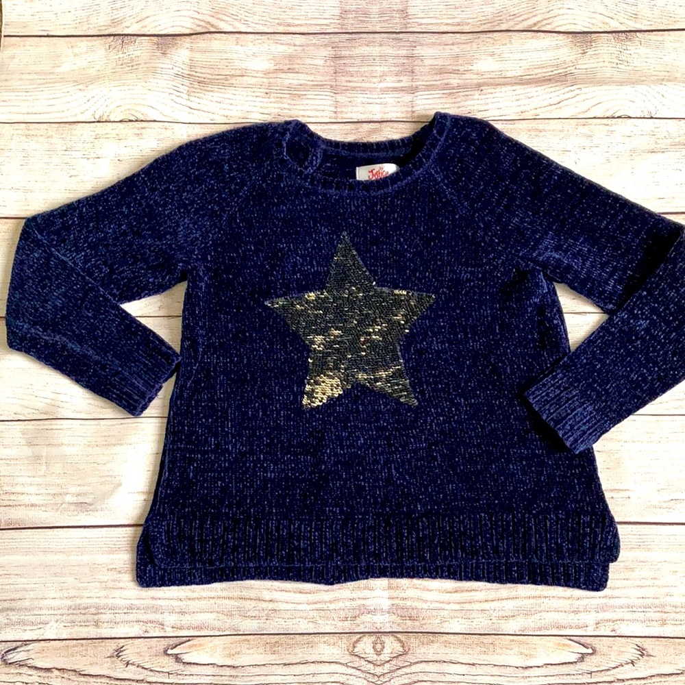 Justice Flip Sequin Chenille Sweater Girls 10/12 Plus Navy Blue